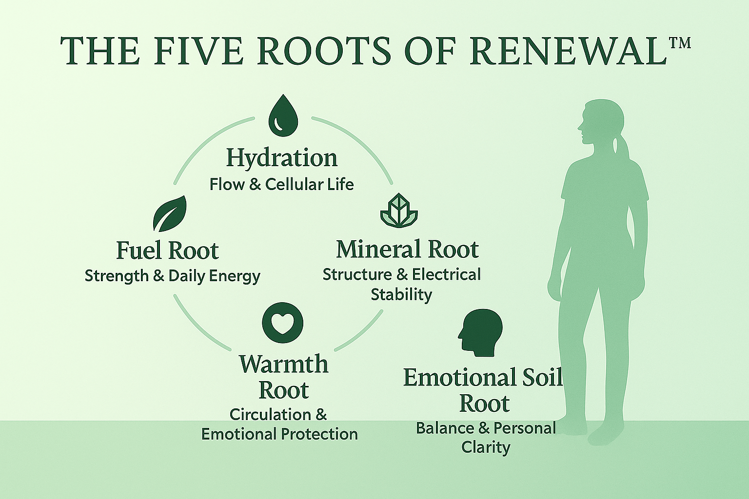 Diagram of the Five Roots of Renewal showing hydration, minerals, fuel, warmth, and emotional soil.